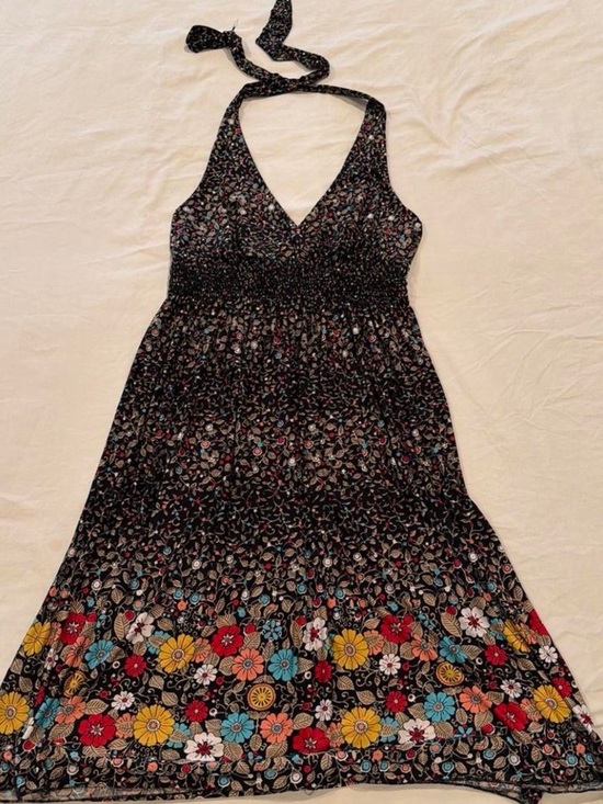 Wet Seal Dresses & Skirts - Wet Seal Black Halter-Back Floral Midi Dress with Multicolor Border